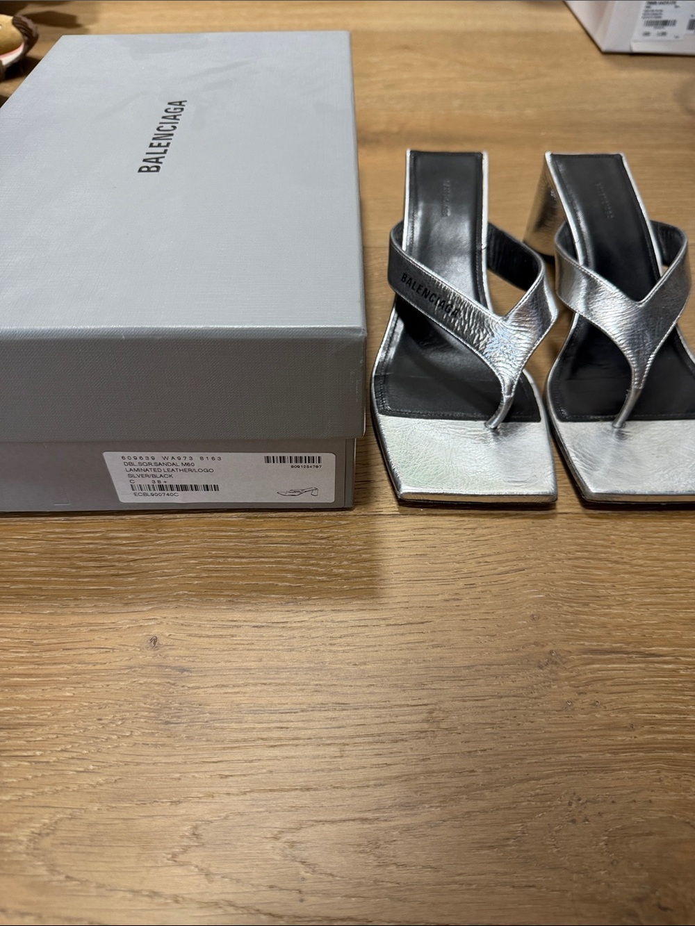 Balenciaga Metallic Silver Square-Toe Thong Heels
